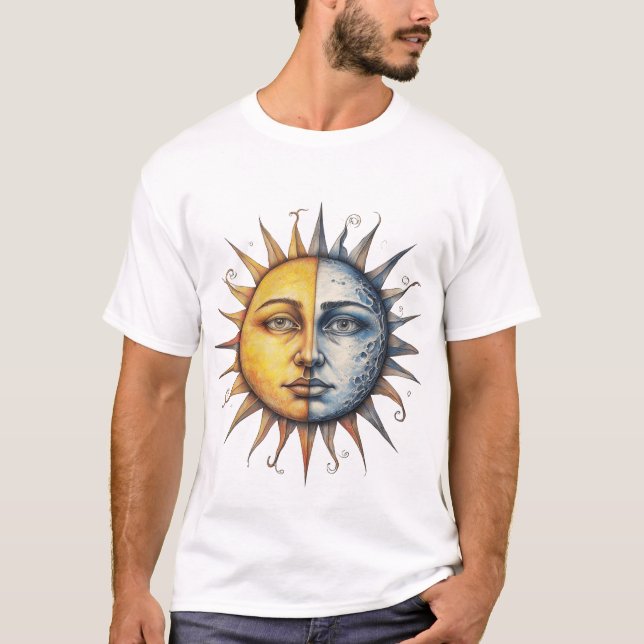 Half Moon Half Sun Human Face – Celestial Duality  T-Shirt (Front)