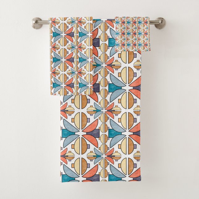 Half Moons in Coral and Teal Bath Towel Set (Insitu)