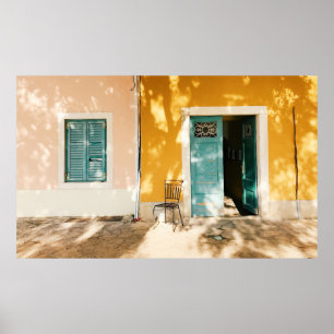 Half open green wooden main door poster