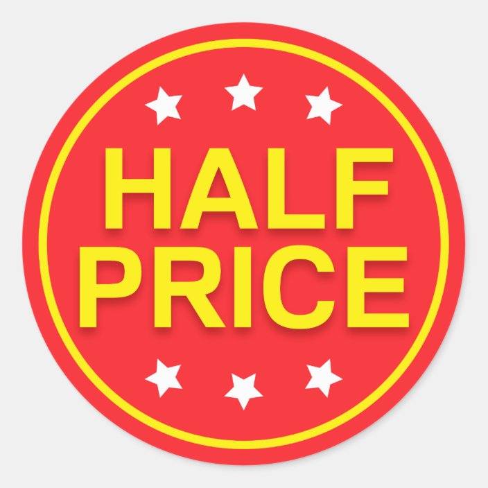 Half price sale, red and yellow retail stickers