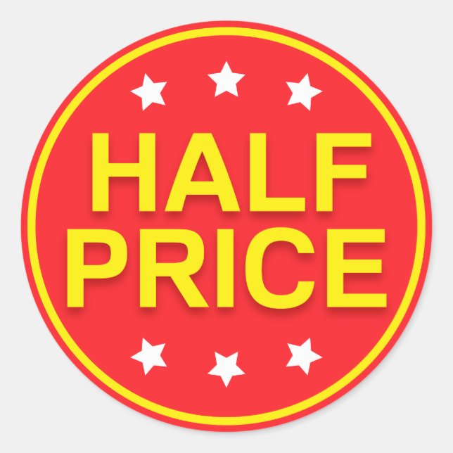 Half price sale, red and yellow retail stickers (Front)