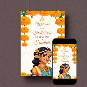 Half Saree ceremony cute Indian girl welcome sign