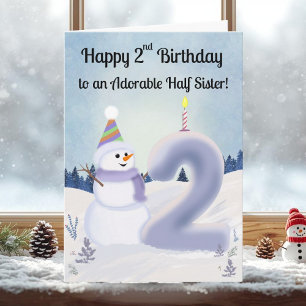 Half Sister Happy 2nd Birthday Snowman Building Card