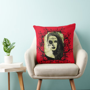 Half Skull Girl Face Day Of The Dead art Cushion