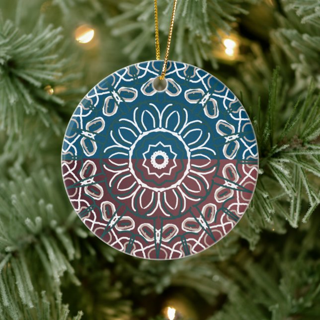 Half Toned Trendy Blue Mauve Laced  Design Wrappin Ceramic Ornament (Tree)