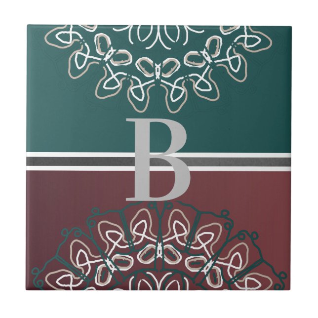 Half Toned Trendy Blue Mauve Laced Monogram Ceramic Tile (Front)