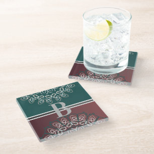 Half Toned Trendy Blue Mauve Laced Monogram Glass Coaster