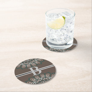 Half Toned Trendy Taupe Laced Monogram Round Paper Coaster