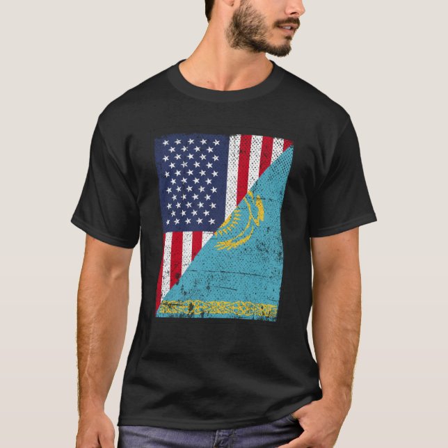 Half USA Flag Half Kazakhstan Flag American Kasach T-Shirt (Front)