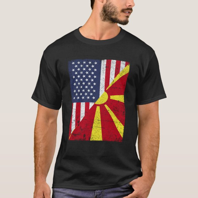 Half USA Flag Half Macedonia Flag American Macedon T-Shirt (Front)