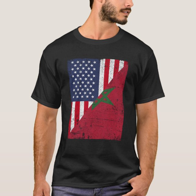 Half USA Flag Half Morocco Flag American Moroccan T-Shirt (Front)