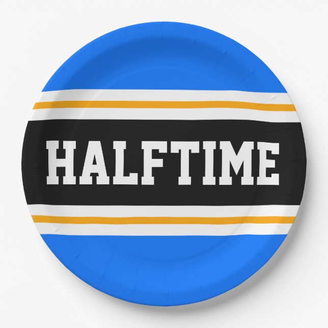 HALFTIME Bright Blue Black White Yellow Stripes Paper Plate (Front)