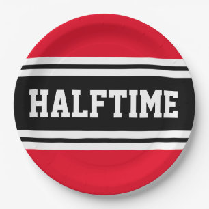HALFTIME Bright Red Black White Football Stripes Paper Plate