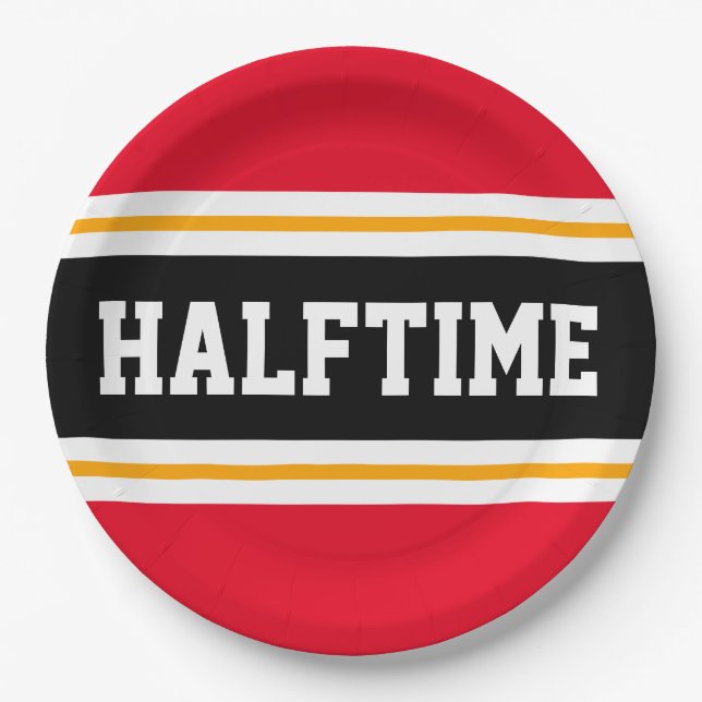 HALFTIME Bright Red Black White Yellow Stripes Paper Plate (Front)