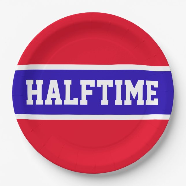 HALFTIME Sporty Bright Red White Navy Blue Stripes Paper Plate (Front)