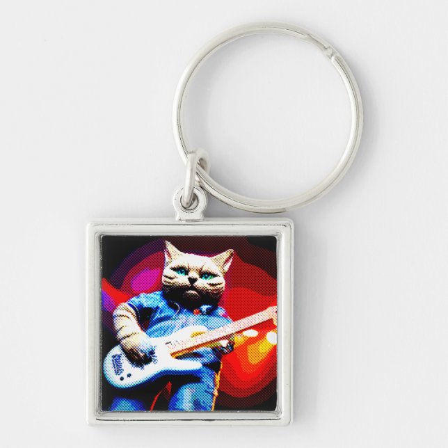 Halftone Metal Moggy Cat Guitarist in Denim Key Ring (Front)
