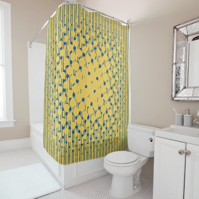 Halftones Density Design Yellow & Blue Shower Curtain (In Situ)