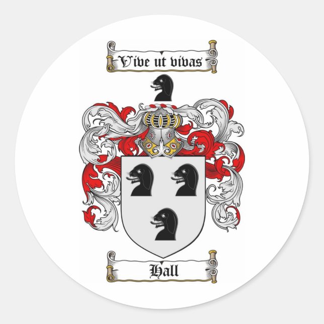 HALL FAMILY CREST -  HALL COAT OF ARMS CLASSIC ROUND STICKER (Front)