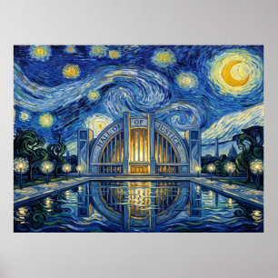 Hall of Justice Starry Night Comic Landscape Poster