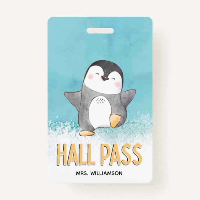 Hall Pass Cute Penguin Classroom Teacher ID Badge (Back)