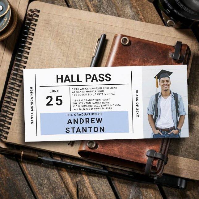 Hall Pass Grad Party Blue High School Invitation (boy graduation party ideas high school hall pass invitation template male grad diy personalized blue)