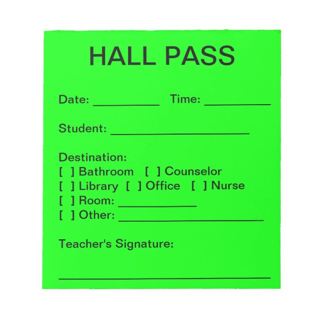 Hall Pass Pad (Neon Green) (Front)