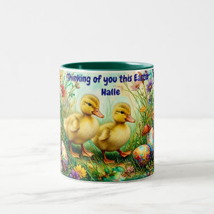 ~ HALLE ~ EASTER ~ Thinking of you Ducklings Eggs Two-Tone Coffee Mug