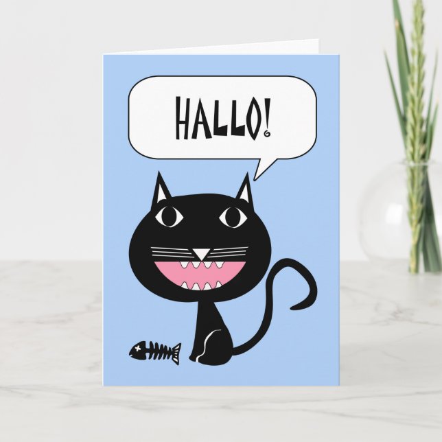 Hallo Hello in German Cat and Fish Bones Card (Front)