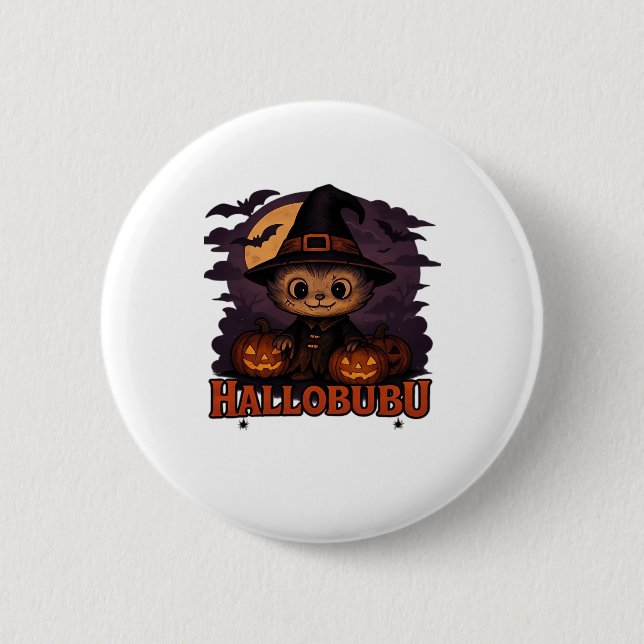 Hallobubu Halloween Cute & Spooky Witch Cat T-Shir 6 Cm Round Badge (Front)