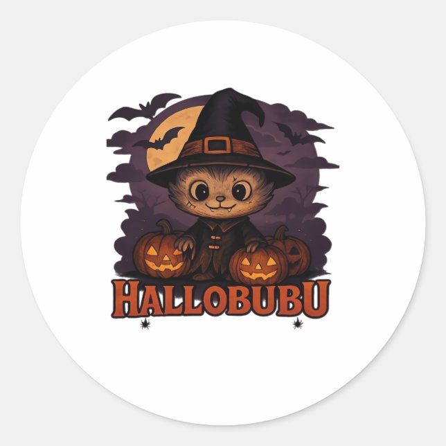 Hallobubu Halloween Cute & Spooky Witch Cat T-Shir Classic Round Sticker (Front)
