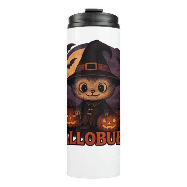 Hallobubu Halloween Cute & Spooky Witch Cat T-Shir Thermal Tumbler (Front)
