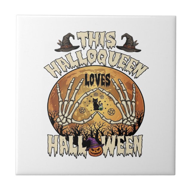 Halloqueen Loves Halloween Skeleton Hands Black Ca Ceramic Tile (Front)