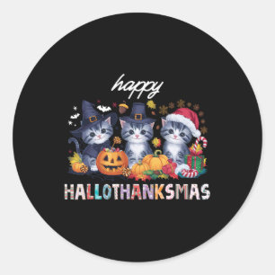 Hallothanksmas Cat Christmas Halloween Thanksgivin Classic Round Sticker