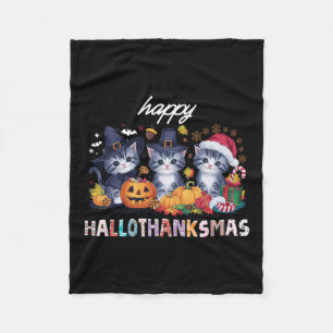 Hallothanksmas Cat Christmas Halloween Thanksgivin Fleece Blanket