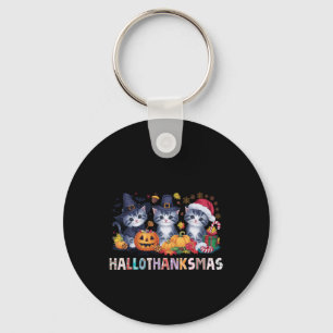 Hallothanksmas Cat Christmas Halloween Thanksgivin Key Ring