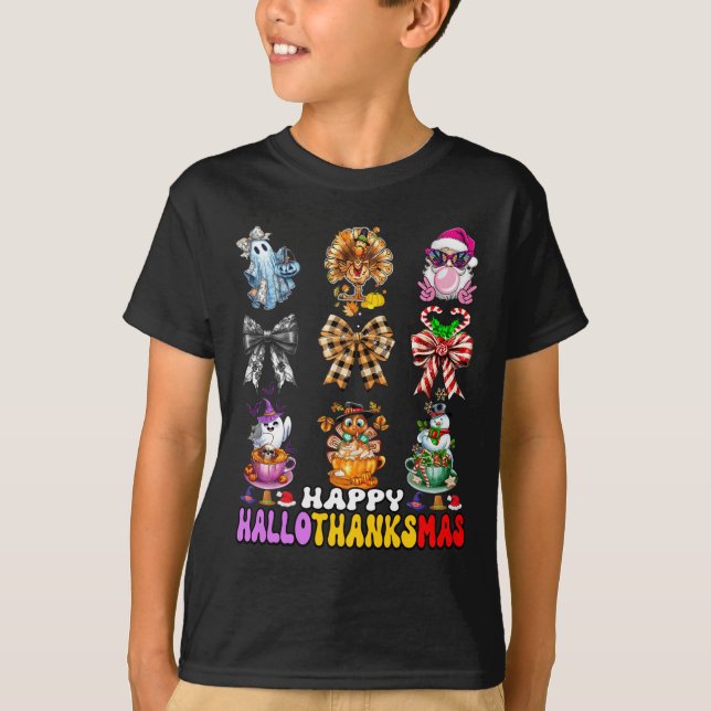 Hallothanksmas Coquette Bow Halloween Thanksgiving T-Shirt (Front)