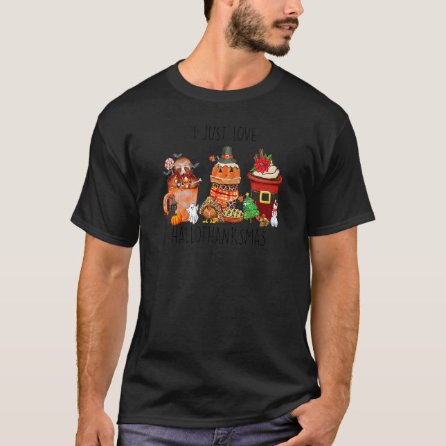Hallothanksmas Costume Coffee Spiders Ghosts Pumpk T-Shirt (Front)