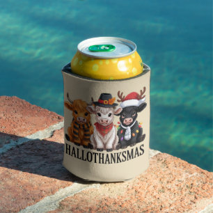 Hallothanksmas Fall Cow Spooky Season Farmer Xmas Can Cooler
