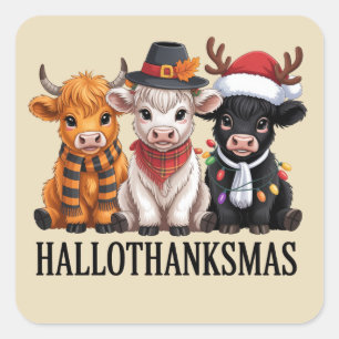 Hallothanksmas Fall Cow Spooky Season Farmer Xmas Square Sticker
