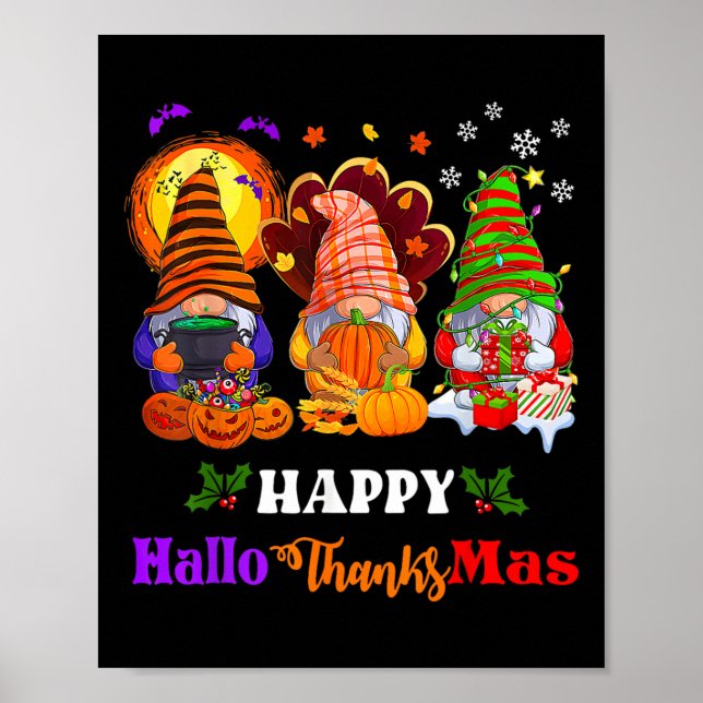 Hallothanksmas Gnomes Halloween Thanksgiving Merry Poster (Front)