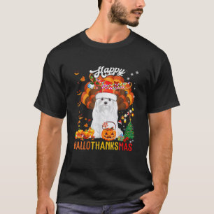 Hallothanksmas Santa Turkey Pumpkin Maltese Dog T-Shirt