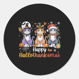 Hallothanksmas Shirt Cats Halloween Thanksgiving C Classic Round Sticker