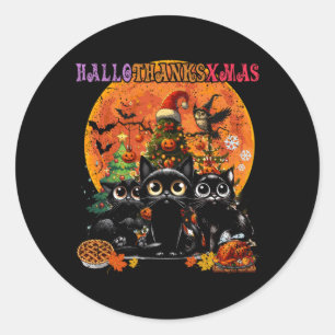 Hallothanksxmas Black Cat Halloween Thanksgiving Classic Round Sticker