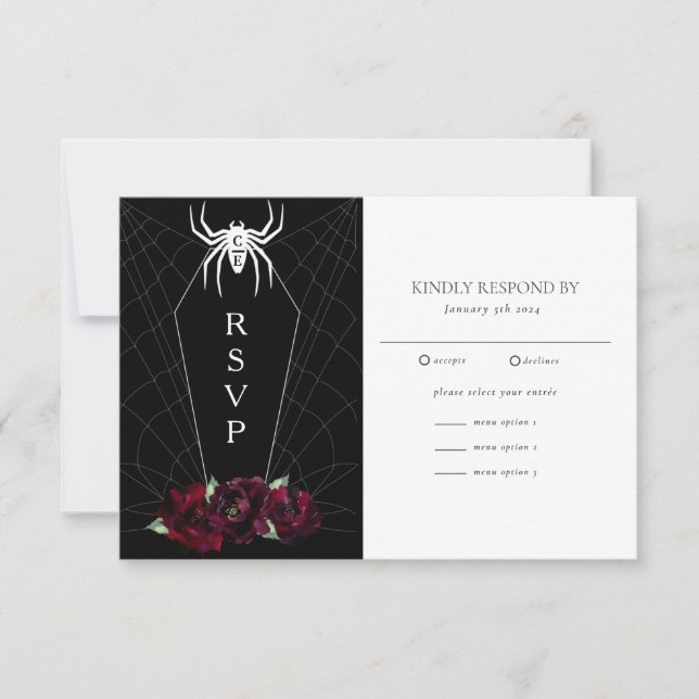 Hallowedding Spider Web Coffin Black White  RSVP Card (Front)