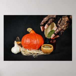 Halloweeen witch prepares a potion poster