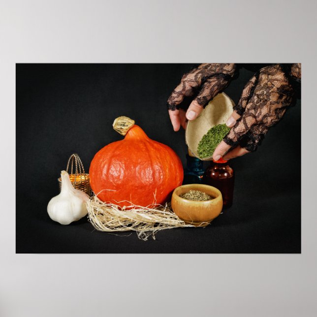 Halloweeen witch prepares a potion poster (Front)