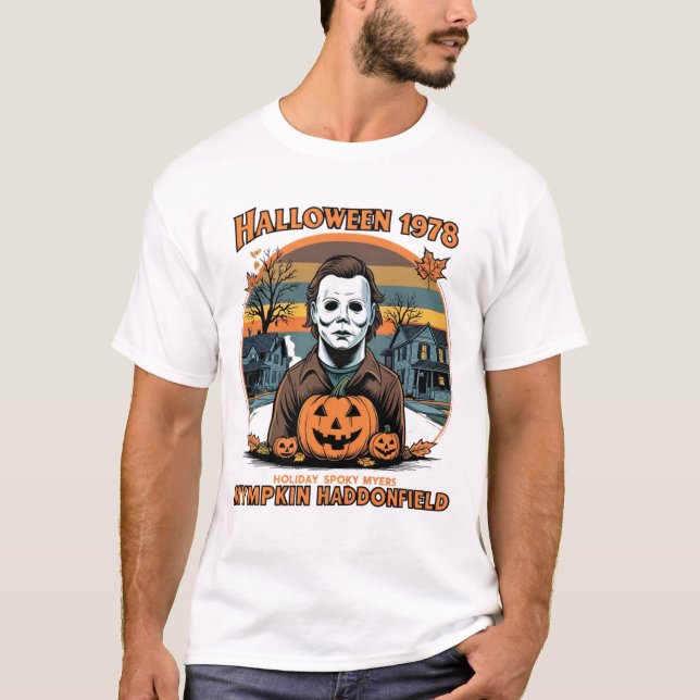 Halloween 1978 Holiday Spooky Myers Pumpkin Haddon T-Shirt (Front)