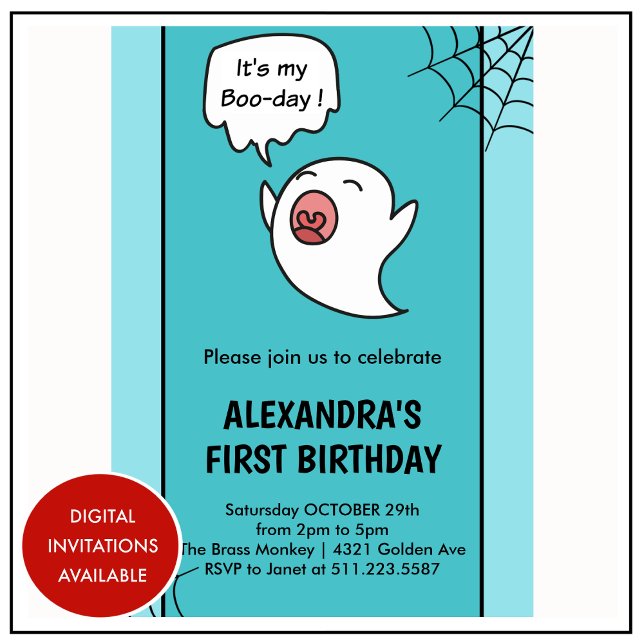 Halloween 1st birthday invitation spider web ghost (halloween-1st-birthday-invitations-spider-web-ghost-1)