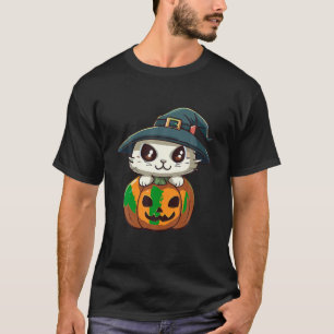 Halloween 2023 Cute Cat On Pumpkin Witch Hat Costu T-Shirt