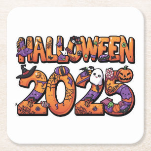 Halloween 2025 – Colourful Cartoon Cutout Sticker Square Paper Coaster